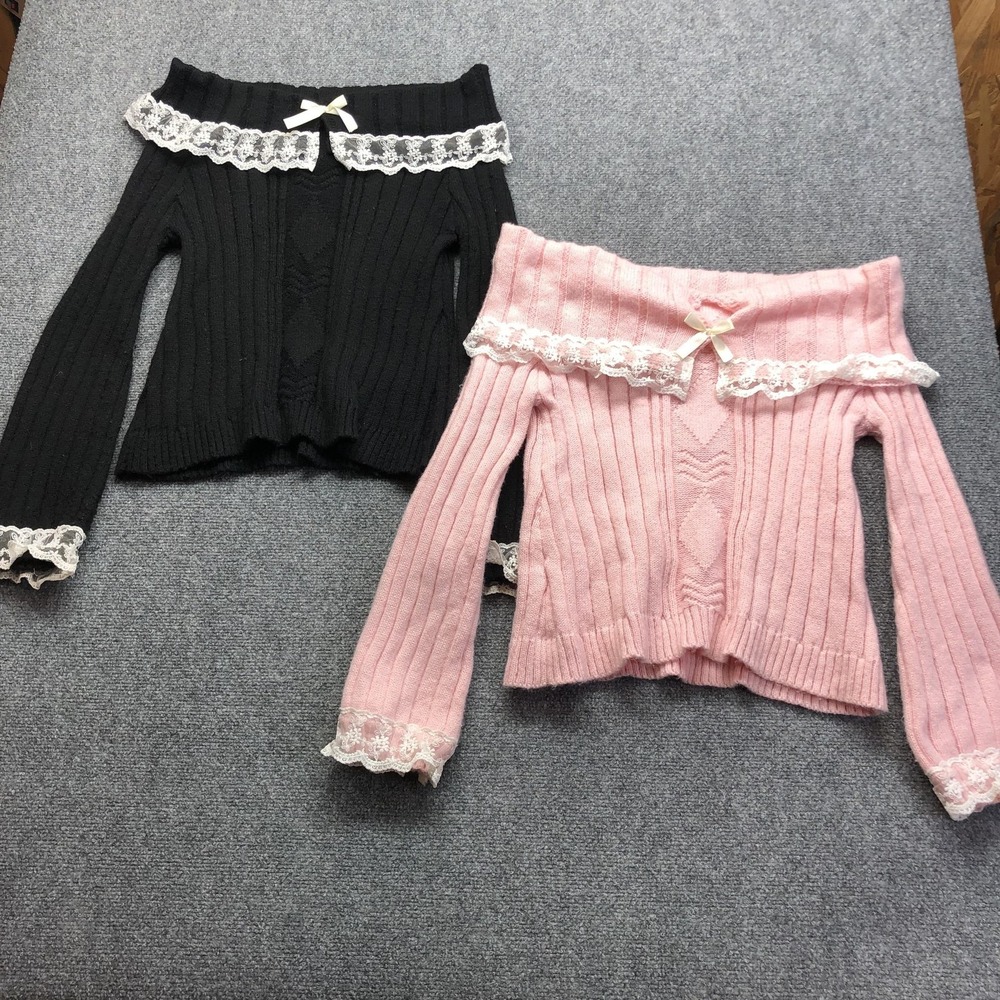 Y2K  Sweater Womens XS Black Off Shoulder Lace Bow Ruffle Knit Cropped Top LOT 2